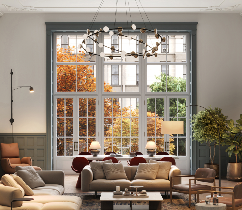 Modern living room with large windows